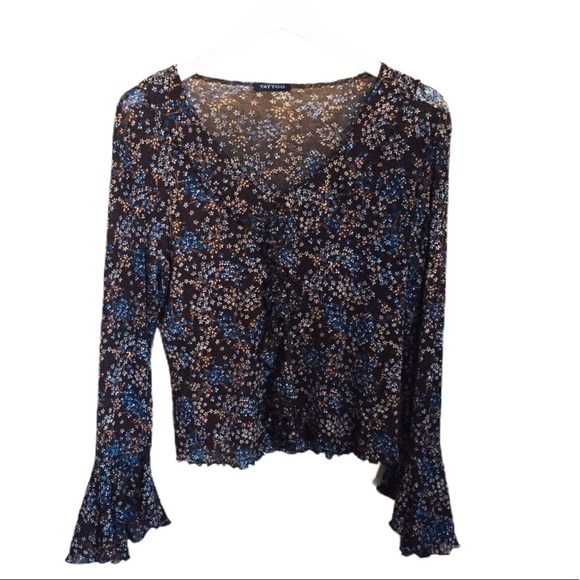 TATTOO Ditzy Floral Blouse With Bell Sleeves & Flutter Detail Brown Size Medium - Picture 4 of 8
